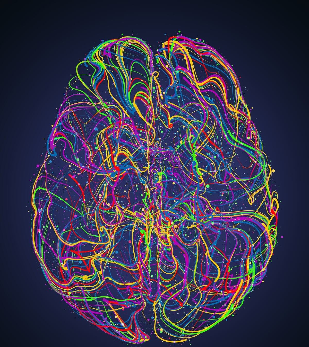 A vivid, colorful digital illustration of the human brain viewed from above, with swirling multicolored lines representing neural pathways and electrical activity across different regions. This image captures the complexity of brainwave activity that neurofeedback therapy in Englewood, CO is designed to assess and regulate through the QEEG brain mapping process. Understanding which areas of the brain are overactive or underactive is the foundation of every personalized treatment plan developed at Mountain Vista Psychology. 