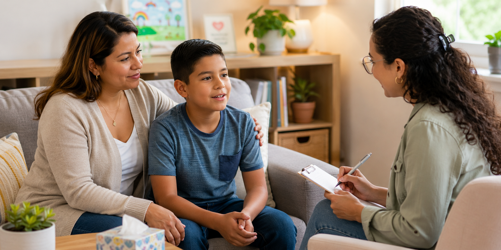 Niño hispano conversando con una terapeuta durante una sesión de counseling infantil en español en Denver y Englewood.