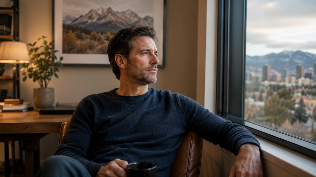 Man sitting by a window in Denver reflecting on stress, burnout, and mental health support.