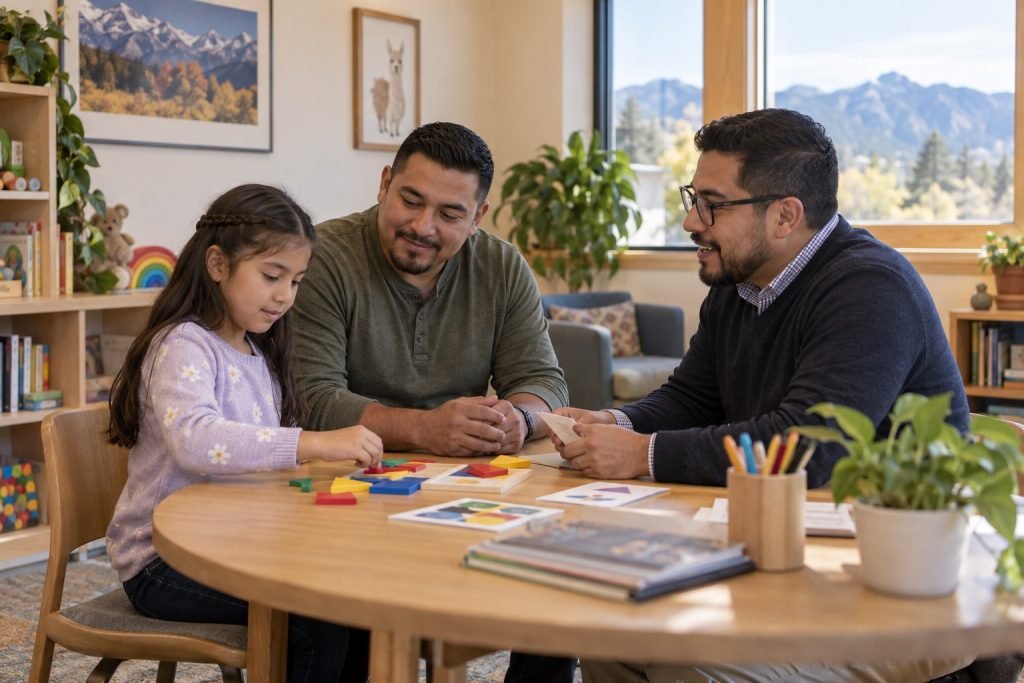 Padre latino y su hija durante una evaluación de autismo en español