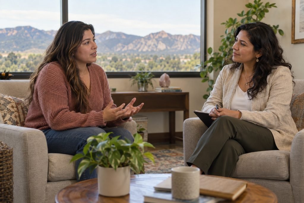 Mujer latina conversando en español con una terapeuta en Colorado